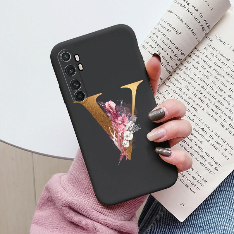 Letter Case For Xiaomi Mi Note 10 Lite Back Cover Retro Flowers Pink Black Soft TPU Initial Fundas For Xiaomi Note10 Lite Coque
