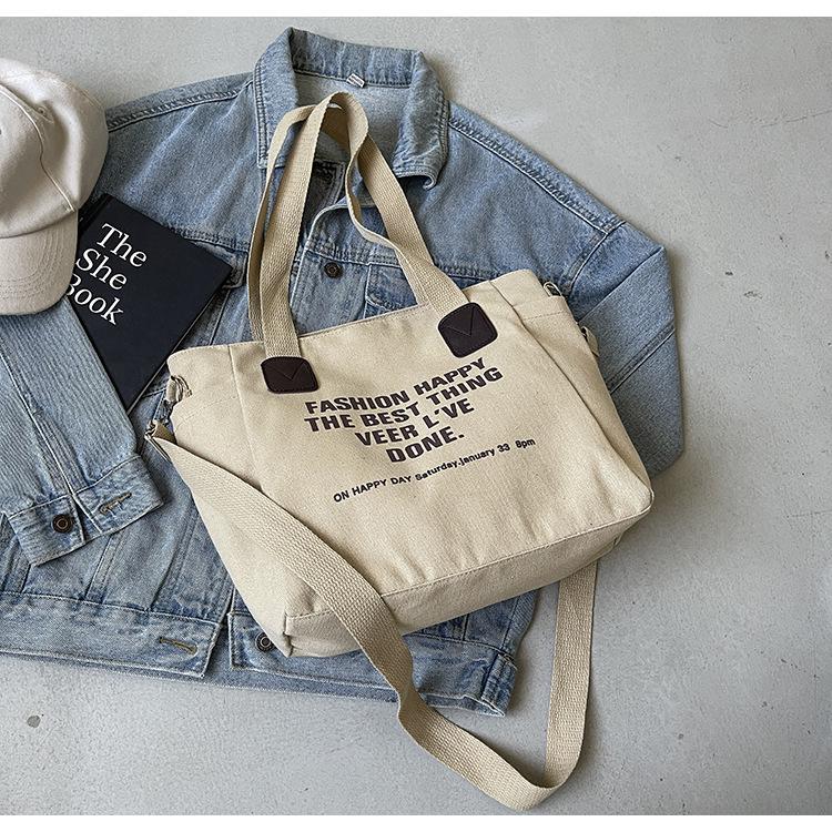 2024 Retro Large Canvas Tote Bag - Unisex, European/American Style, Perfect for College Students