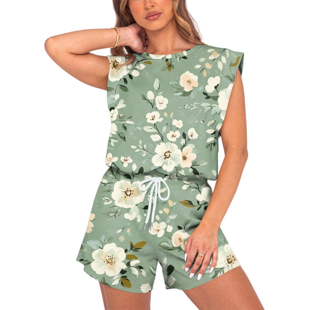 Women's Jumpsuit Floral Print Spring Summer Cap Sleeves Adjustable Drawstring Waist Comfortable Casual Short Jumpsuit With Pockets
