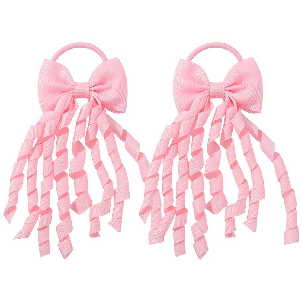 RAINBOW BOWS Grosgrain Ribbon Long Hair Ties Bows for Baby Girls Curly Hair Bows Elastic Colorful Kids Hair Band 2Pcs/lot Whole