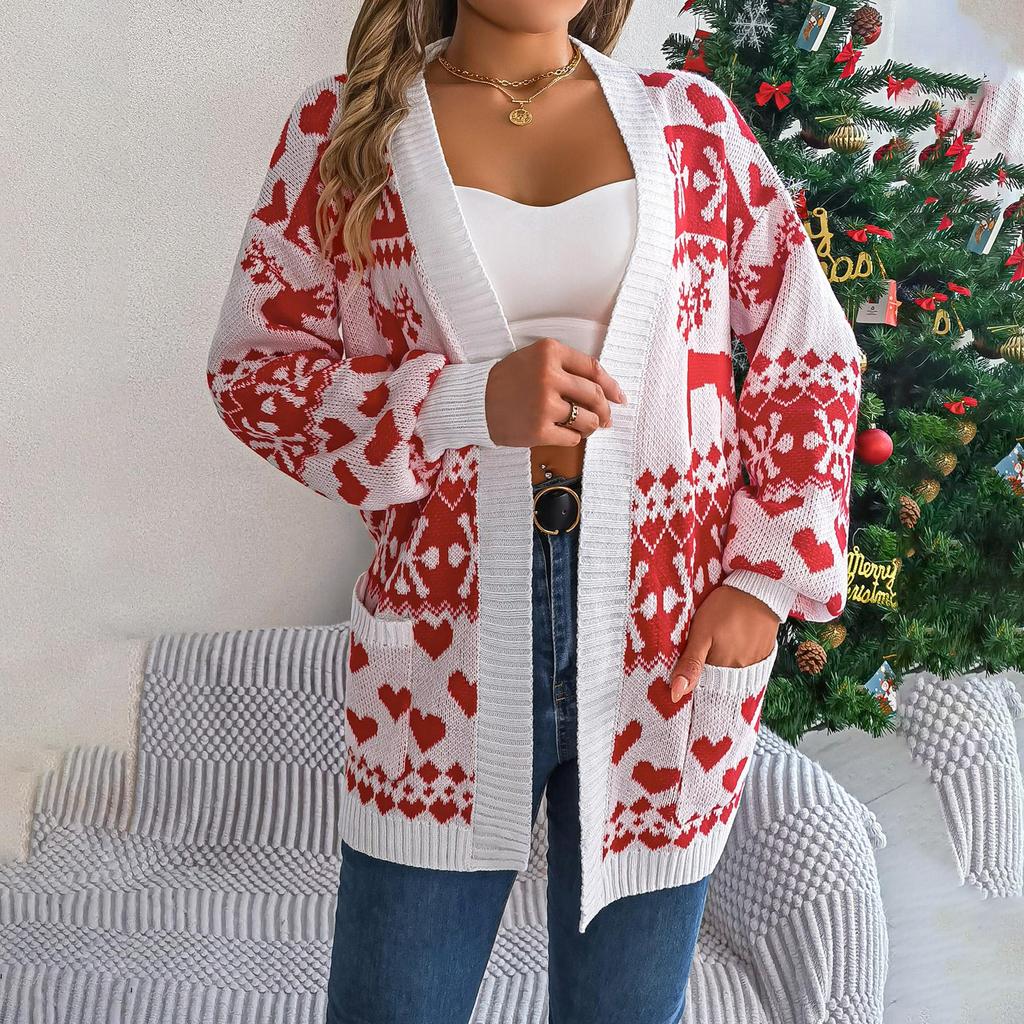 Høst Vinter Vintage Løs Langermet Topp Trykk Cardigan Strikkeplagg V-hals Julegenser