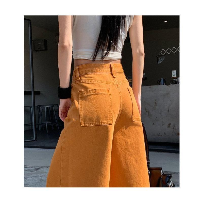 Summer Orange Wide Leg Pants Women High Waist Loose Fit Casual Cropped Jeans