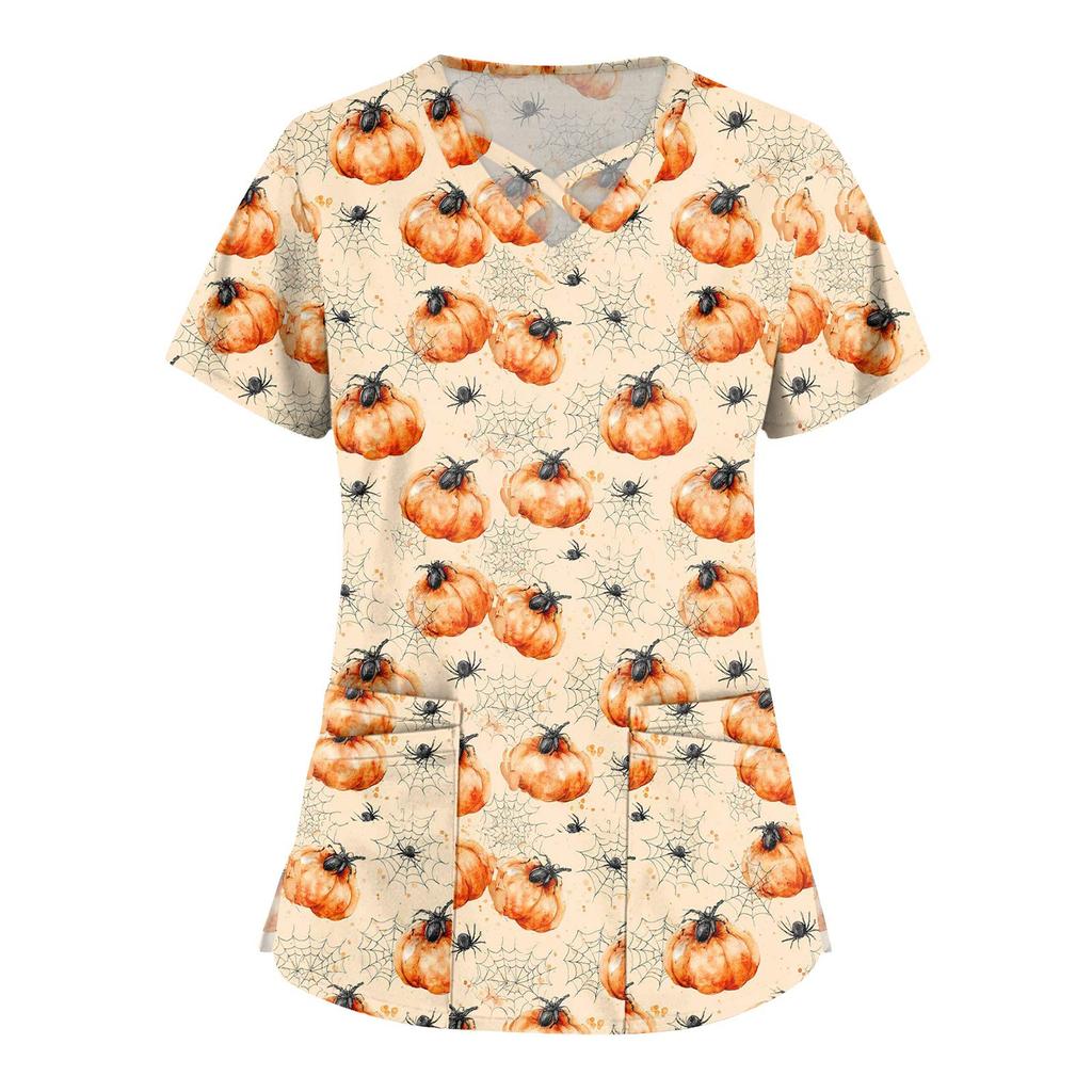 Damenmode V-Ausschnitt Kurzarm Overalls Doppeltasche Halloween Aufdruck Oberteile Bekleidung