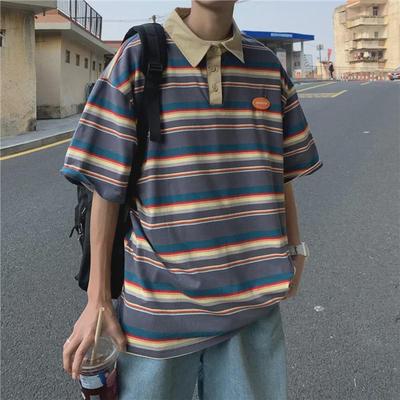 Gestreiftes Poloshirt für Herren im Harajuku-Stil – trendiger, lockerer Schnitt, lässiger Hip-Hop-Stil