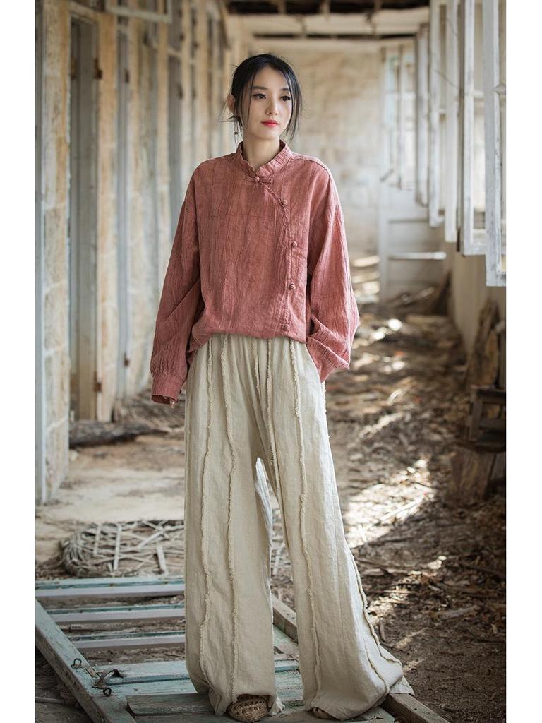 Women's Long-Sleeve Hand-Dyed Ramie Cotton Top with Button Accents - Spring Sun Protection