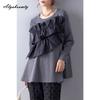 2025 Korean Style Spring Autumn Women Hoodies Black Gray Patchwork Ruffles Loose Pullover Elegant Ladies' Basic Sweatshirt