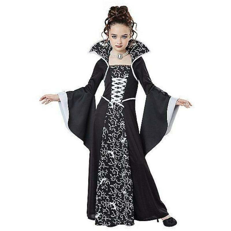 2026 New Halloween Kids Costume Mid-Century Vintage Lace-up Stand-up Collar Flared Sleeve Print Long Skirt Witch Costume