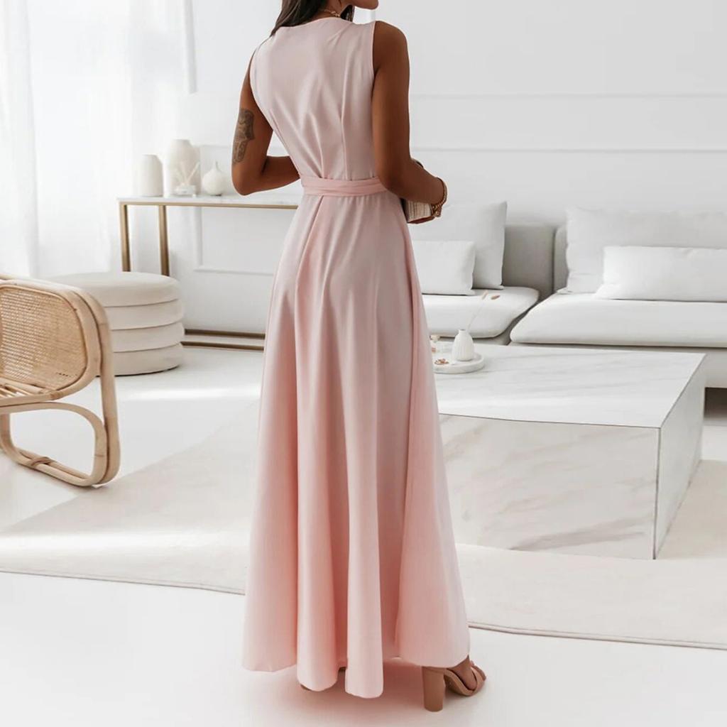 Women's V-neck Sleeveless Belt Evening Long Dress For Women