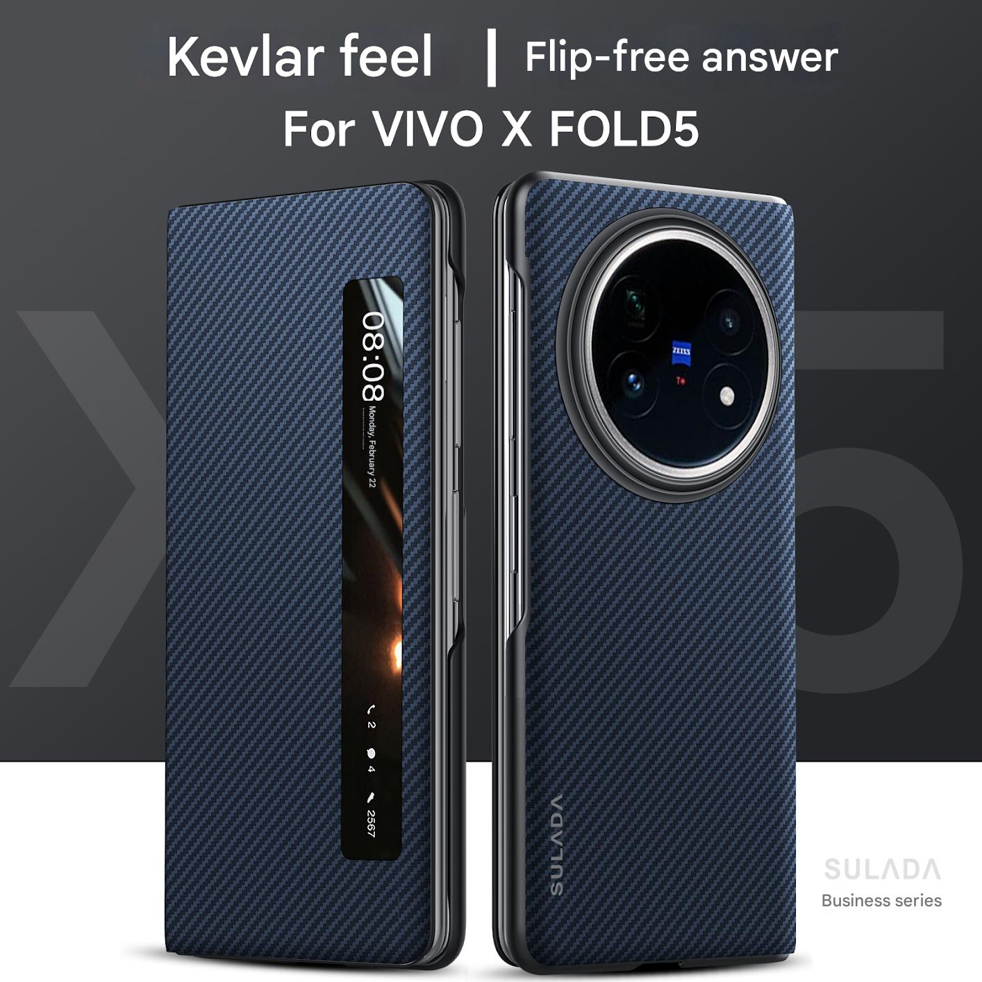 

Higth End Busine Carbon Fiber Textured Case for Vivo X Fold 5 Magnetic Flip Cover Folding All Inclusive Protect Smart Window Wood синій