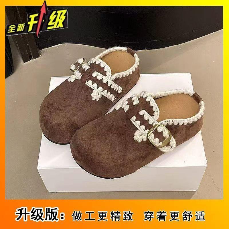 Thick-soled heightening fleece slippers for women's outer wear winter new Baotou retro casual lace Birkencotton slippers