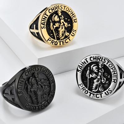 New Vintage Guardian St. Christopher Titanium Steel Ring for Men Personalized Hip Hop Stainless Steel Jewelry Teenage Boys Faith Finger Ring
