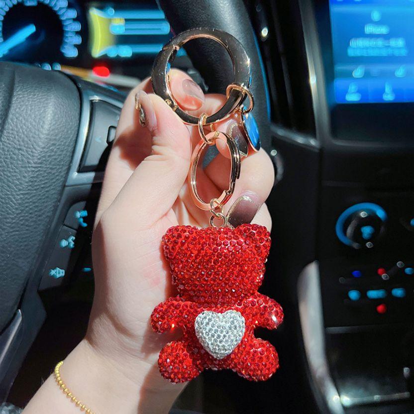 Unique Fun Keychain Gift For Girls Pure Handmade DIY Inlay Full Of Rhinestone Cute Bear Car Keychain Pendants And Bag Ornaments