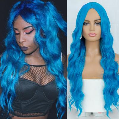 Women Beautiful Long Wave Hair Without Bangs Blue Synthetic Fiber Long Wavy Wig for Women