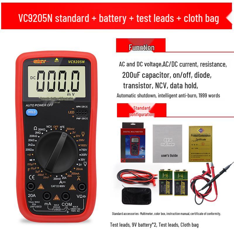 Shengde DT9205N High-Precision Digital Multimeter with Anti-Burn Protection and Auto Power-Off