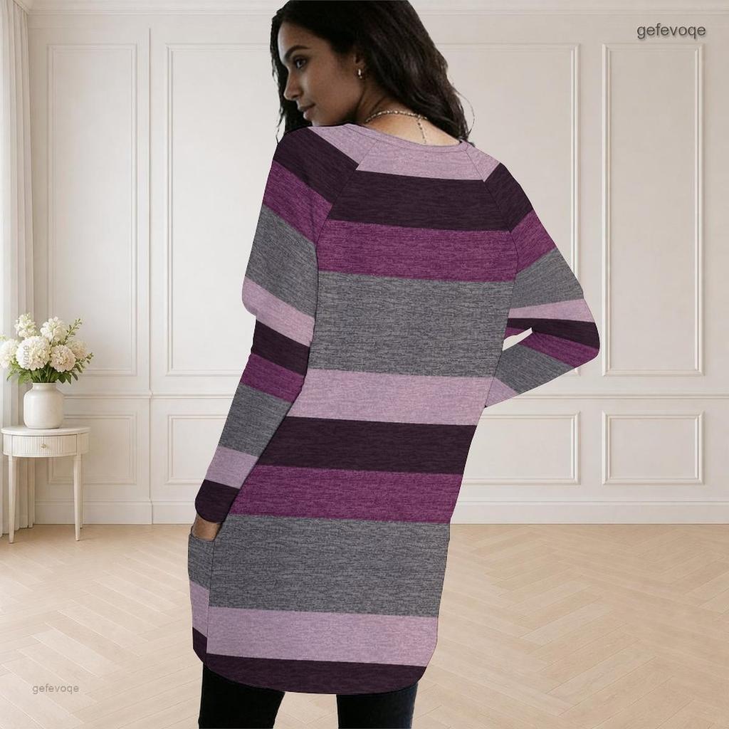 Women Plus Size Round Neck Long Sleeve Geometric Printed Loose Longline Tunic With Pockets