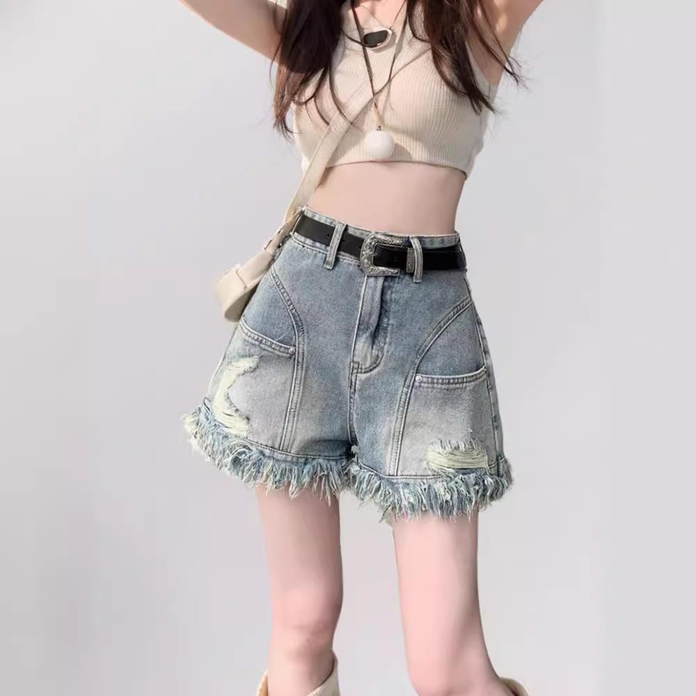Women's High Waist A Line Denim Shorts Vintage Ripped Fringe Raw Hem Summer Hot Pants