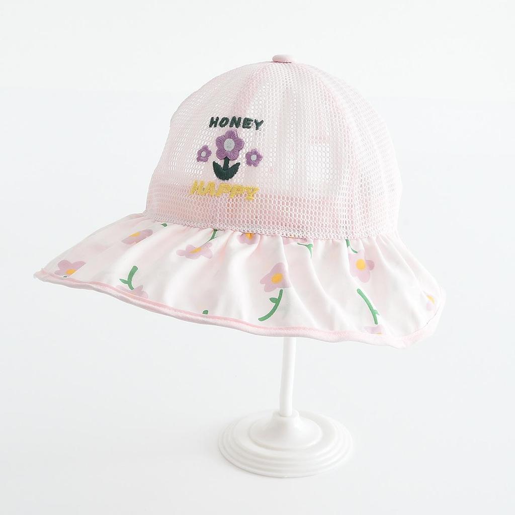 Kids' Embroidered Floral Mesh Bucket Hat - Breathable Outdoor Sun Hat for Students