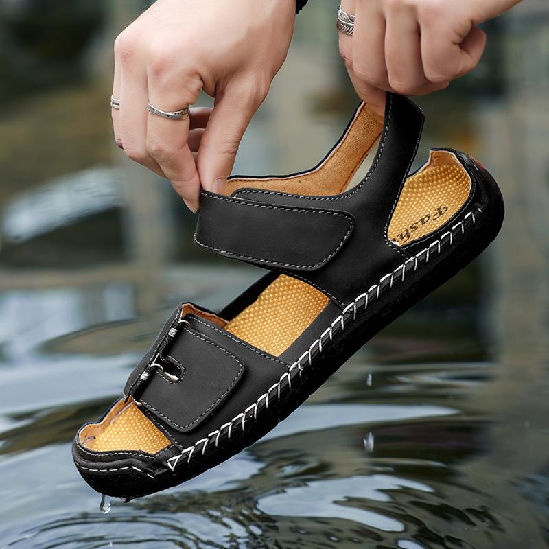 

Men Cowhide Mens Sports Sandals Open Toe Outdoor Sandals Casual Mens Shoes Outdoor Beach Shoes Brown Size 48 38 чёрный