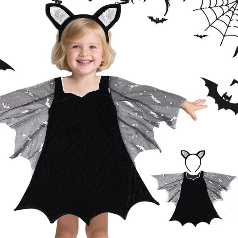2Pcs Bat Wing Dress Bat Ears Headband Halloween Vampires Cosplay Costume Set for Kids Girls Bat Costumes Accessories