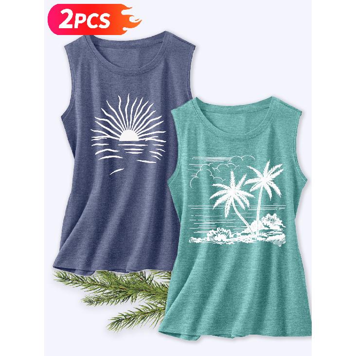 Follow a Specific Direction Two-piece Women's Tank Top with Beach Coconut Tree Print Elegant Summer Party Outfits Sleeveless Vest Essential Fashion