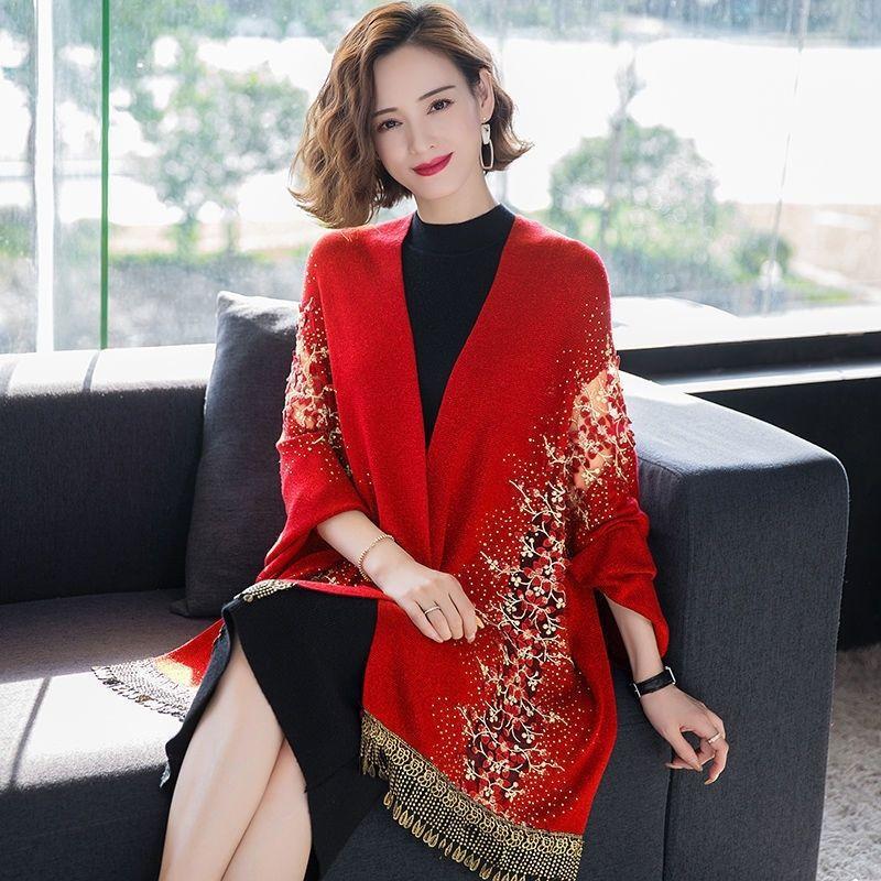 Versatile Scarf with Rhinestones for Women, Cheongsam Shawl, Imitation Cashmere, European and American Style, Hollowed-out Tassels, Thickened Cape