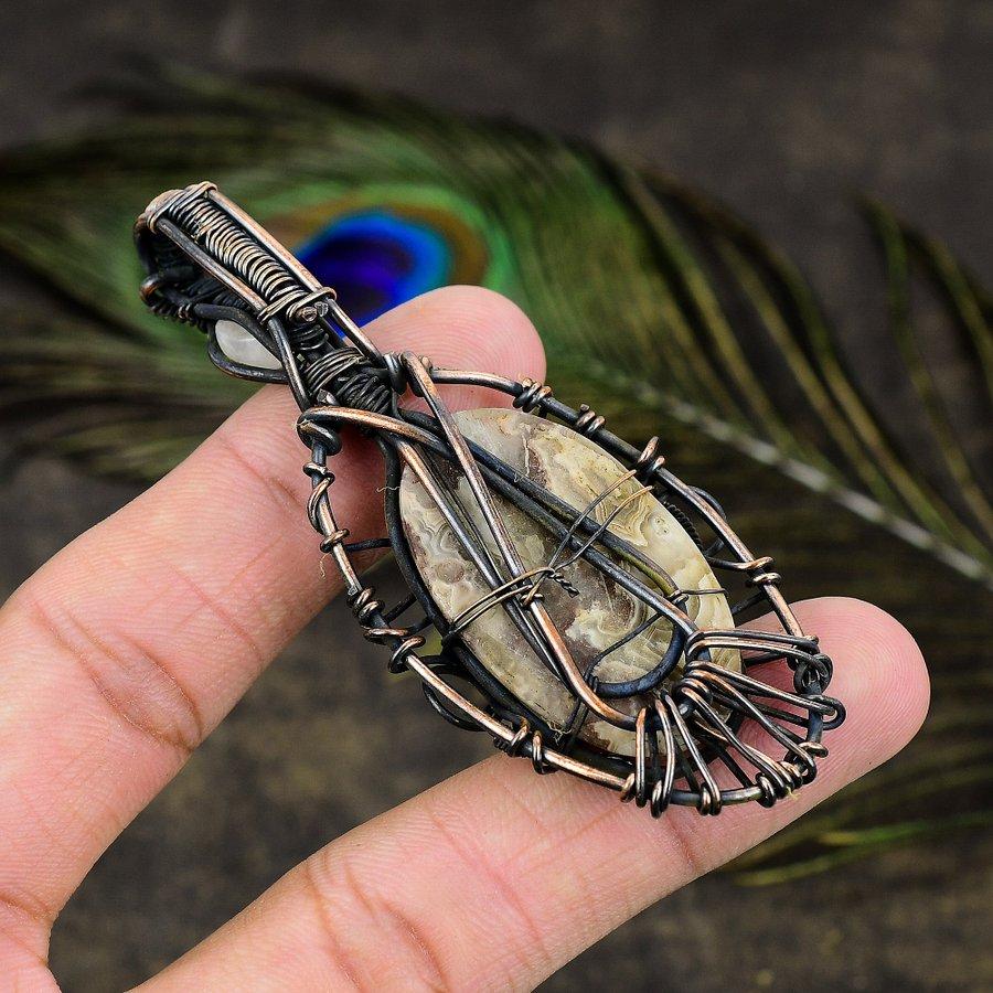 Crazy Lace Agate, Moonstone Copper Wire Wrap Jewelry Pendant 3.15" Q6J64