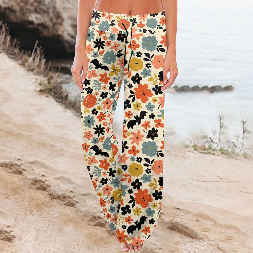 Women's Comfy Pajama Pants Halloween Print Drawstring Wide-leg Pants