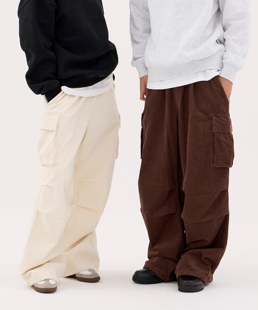 URBANAGE Corduroy Single-Pleat Wide Elastic Banding Parachute Cargo Pants_Ivory