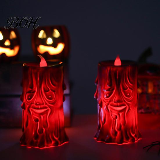 Plastic Halloween Figurine Flameless LED Candle, Spooky Face Tree Stump Pillar Atmospheric Festival Decoration Wax Drip Flickering Fake Candle