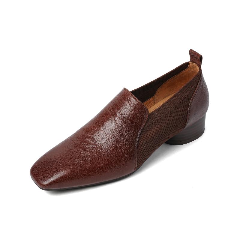 Retro Women Pumps High Heels 2024 Spring Summer Genuine Leather Square Toe Mature Basic Office Lady Elegant Shoes Woman Pumps