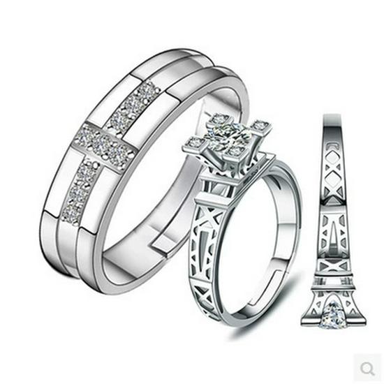 European & American Silver-Plated Zircon Wedding Rings - Korean Style Open Couple Rings for Women
