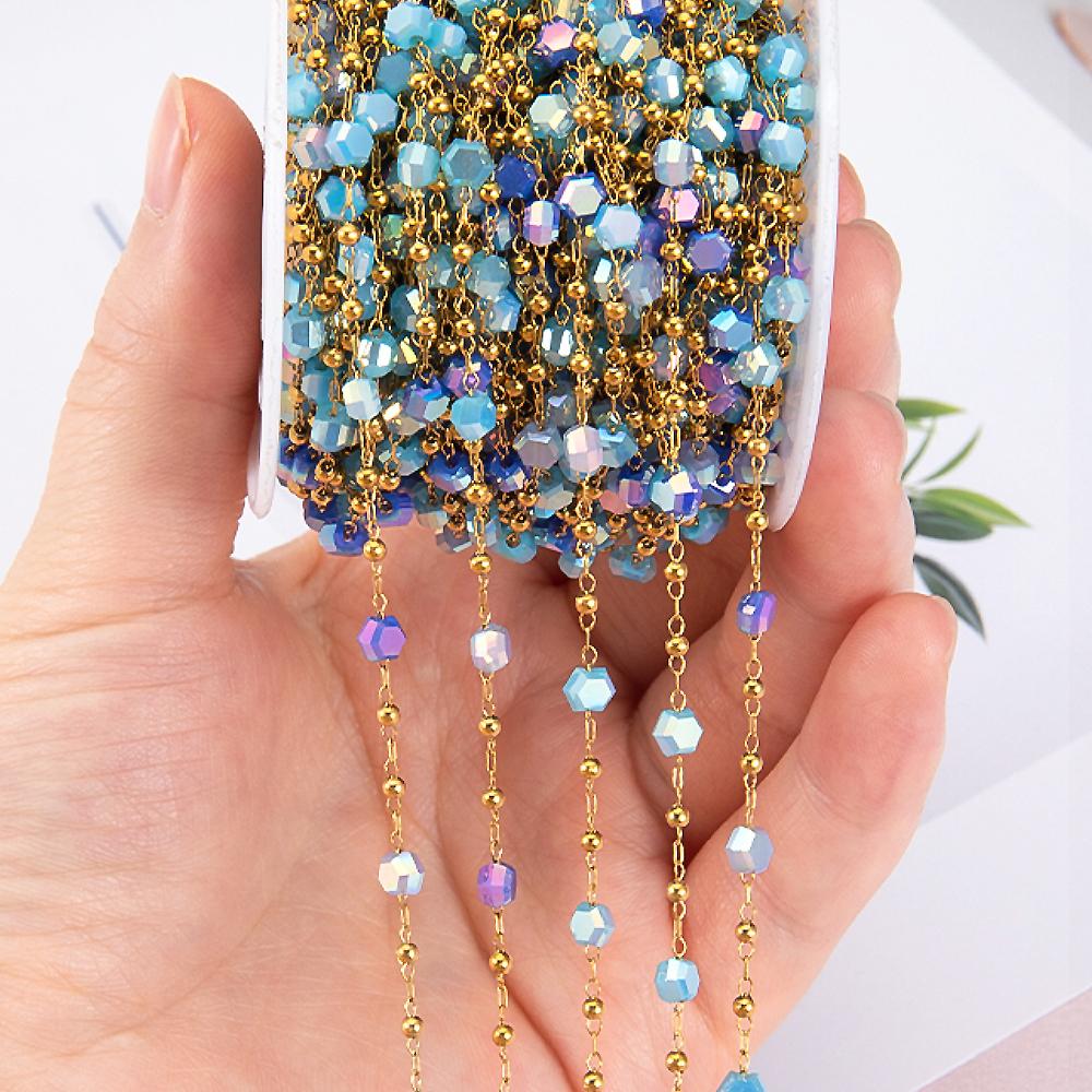 1meter Crystal Bead Stainless Steel Chain Blue Natural Stone Beaded Sweater Chain Supplies Necklace Bracelet Jewelry Making DIY