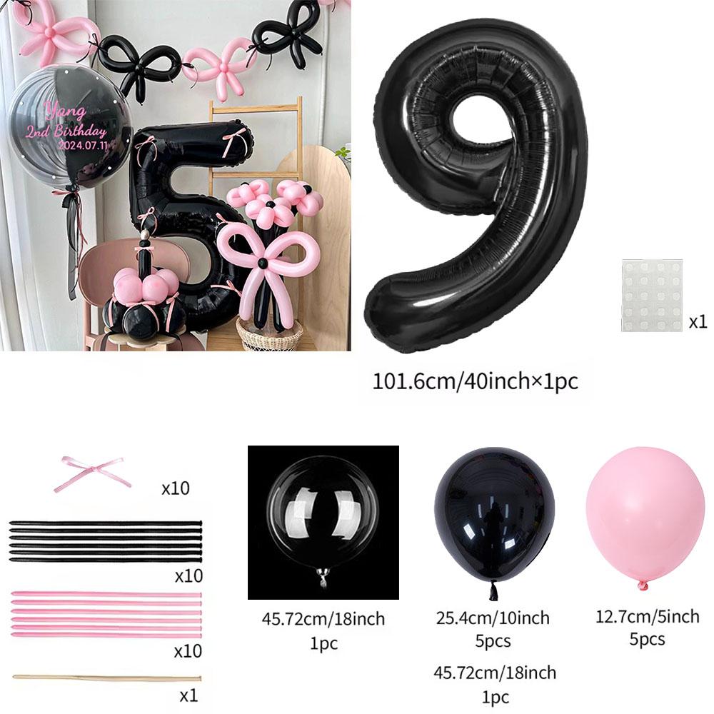 45 Pieces Pink Latex Balloon Black Number Balloon Set Pink Butterfly Birthday Party, Anniversary Decoration (0-9)