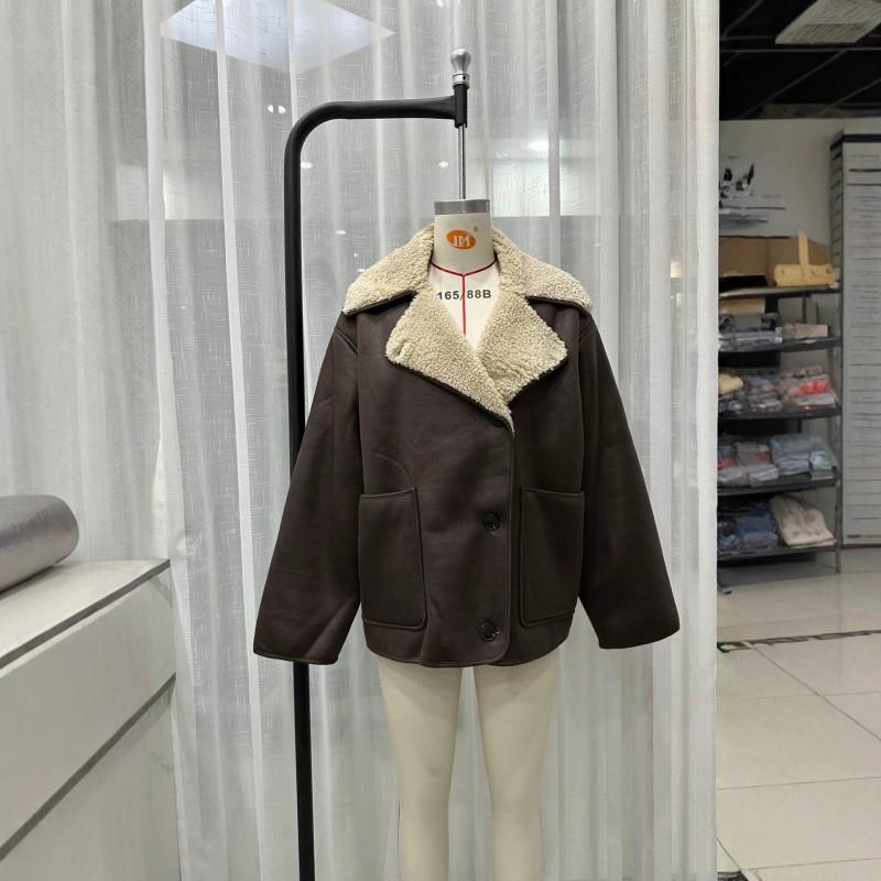 Womens Faux Leather Fleece-Lined Double-Sided Collar Long Sleeve Jacket Winter Casual Outerwear