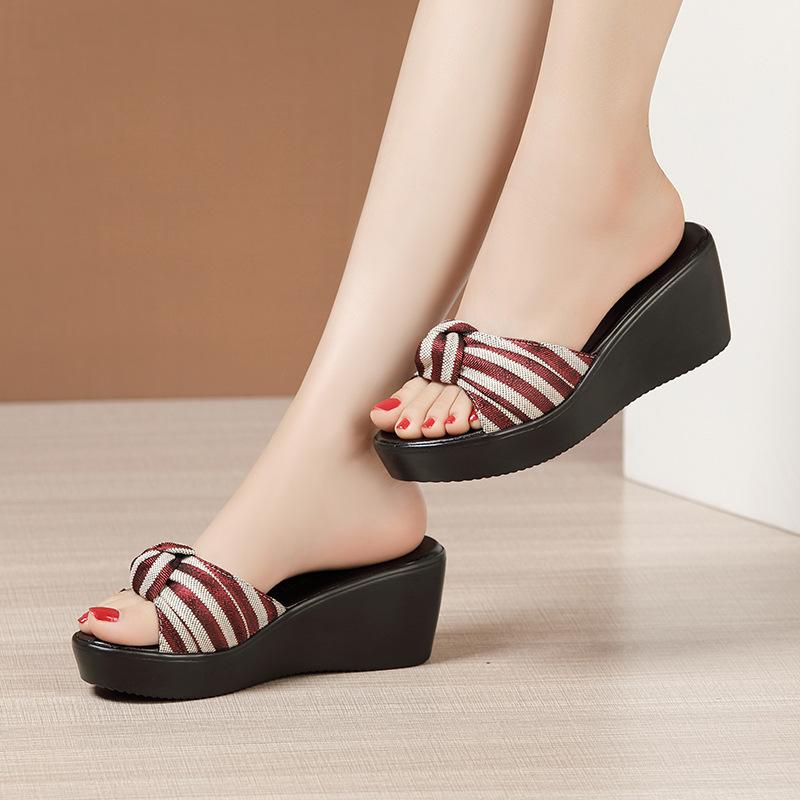6cm 8cm 11cm Big Small Size 32-43 Comfortable Thick Bottom Platform Wedges Slippers 2025 Stripe Shoes Women Slippers Office Mom