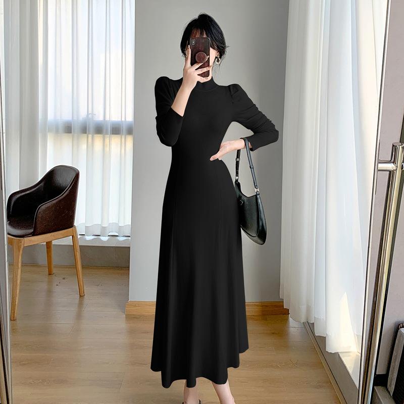 Autumn/Winter Long Wool Over-Knee Knit Dress with Semi-High Neck for Women