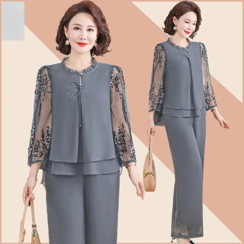 Set de ținută de primăvară pentru mamă, Top elegant pentru tineri, Set de vară din două piese pentru femei de vârstă mijlocie și în vârstă