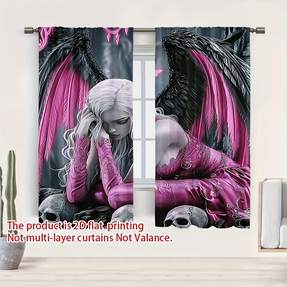 2pcs Elegant Angel Wings Anime Curtains – Detailed Wing & Skull Design for Bedroom   Living Room   Kitchen & Office Decor
