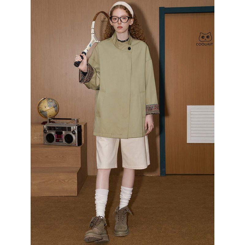 Coolhut Design Features a Unique Patchwork, Loose Fit, Classic British Style, New Women's Trench Coat with Dropped Shoulders and a High Collar