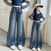 Herbst Tween Mädchen Dunkelblaue Jeans Faltbare Weitbein Denimhosen Kinder Kind Frühling Hohe Taille Jeans Hosen Alter 4 Bis 14 J