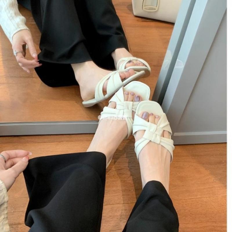 

! Row square-headed open-toed one-word drag summer casual butterfly knotted flat-bottomed slippers women 40 білий