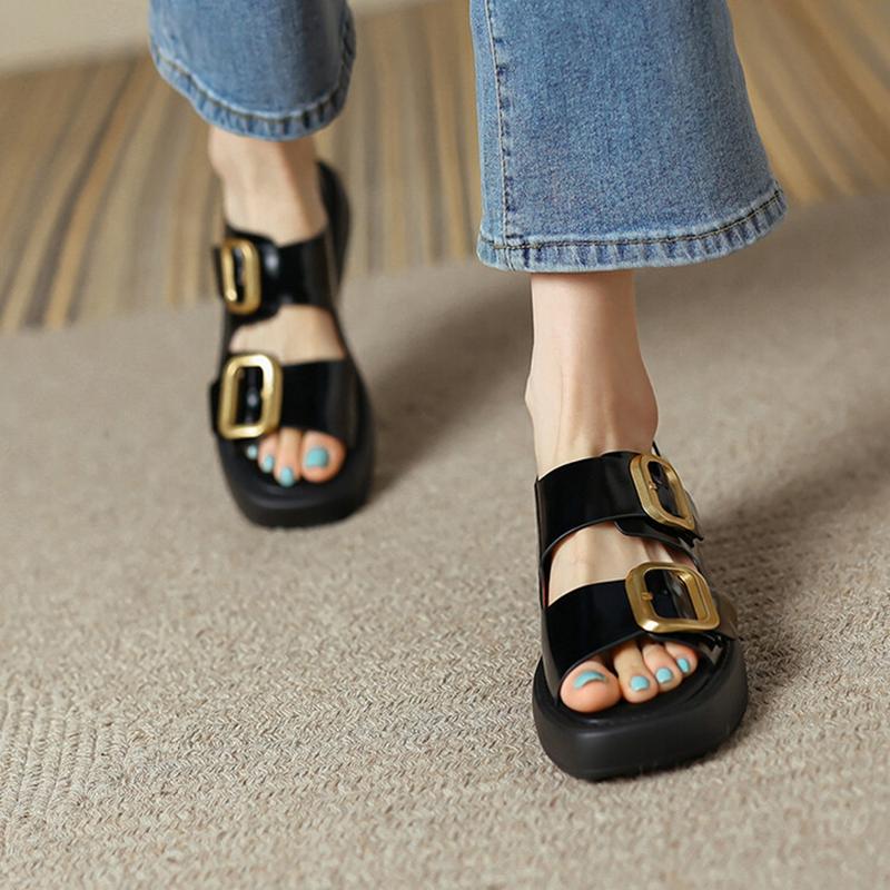 Fashion 2024 Summer Women Shoes Fashion Round Toe Thick Heel Women Sandals Split Leather Solid Sandals Platform Casual Roman Shoes Women