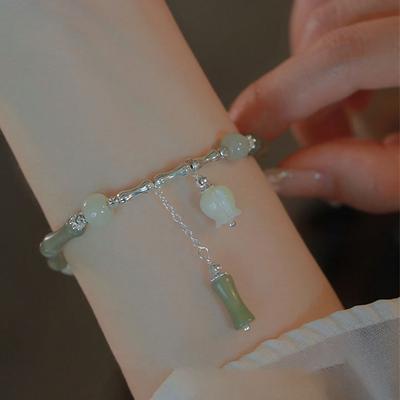 Retro-Armband aus grünem Bambus im chinesischen Stil mit Perlen für Damen, einfaches Charm-Armband aus Legierung mit Blumenmuster, Schmuckgeschenk