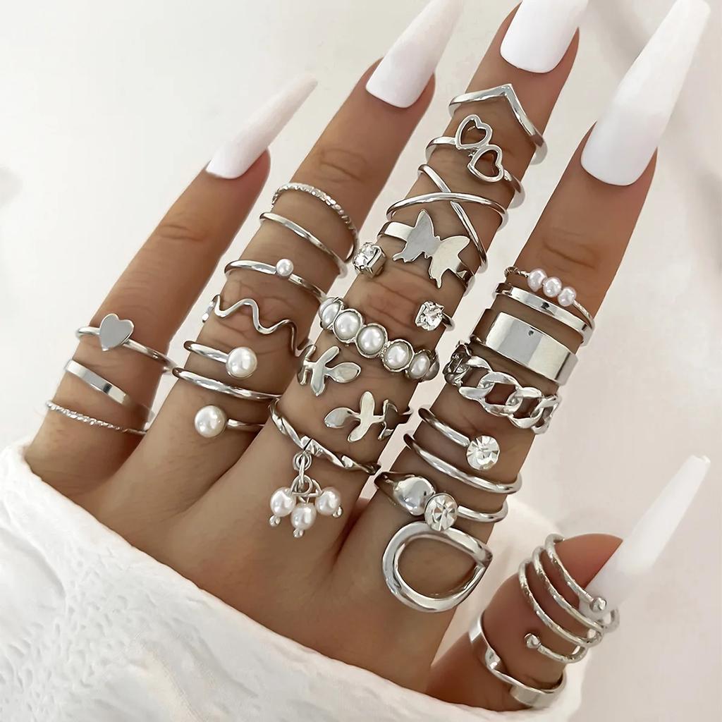 Ensemble de Bagues Géométriques pour Phalange Couleur Argent pour Femmes Perle Artificielle Chaîne Simple Bague de Doigt Bijoux Bohèmes Féminins Accessoires