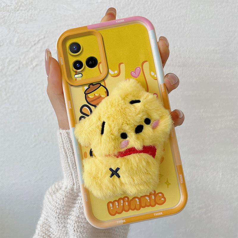 KEYSION Cute 3D Cartoon Plush Case for VIVO Y21 Y21S Y33S Y33T with Lanyard Soft Silicone Shockproof Phone Cover for VIVO T1X