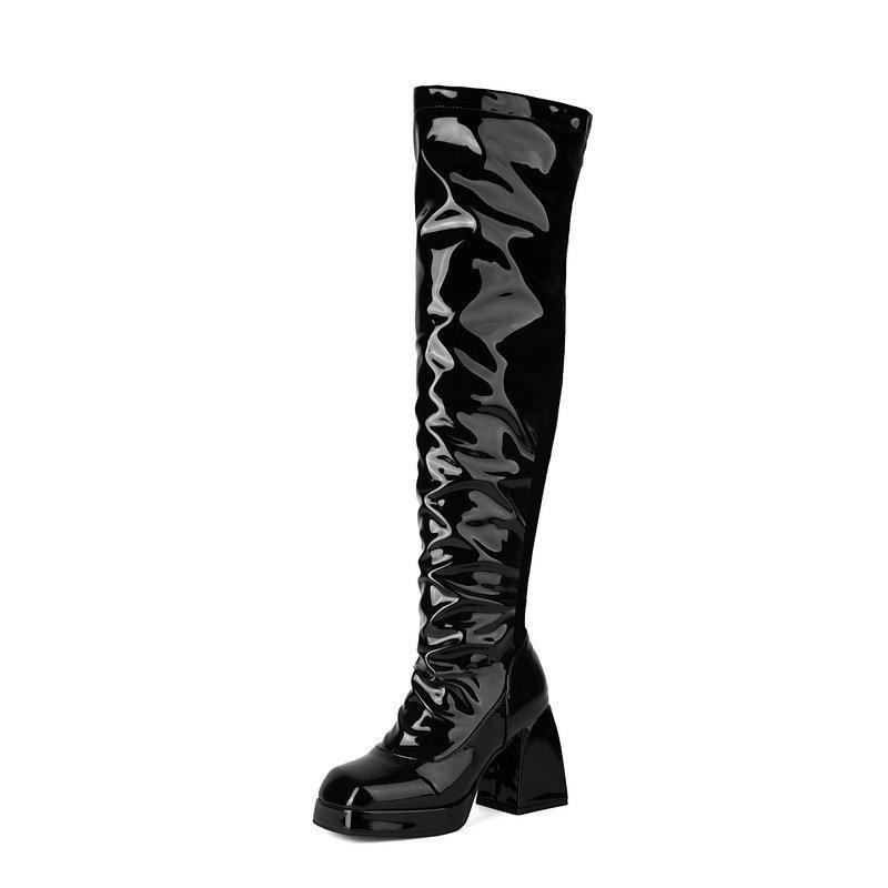 Knight boots patent leather square head thick sole thick heel super high heel rear zipper women's knee boots elastic thin boots long women's boots