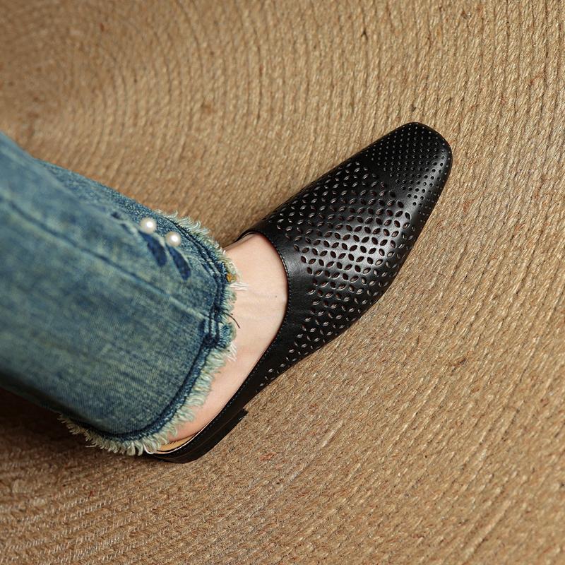 Fashion 2025 New Genuine Leather Hollow Out Mueller Slippers Woman Round Toe Slip-on Casual Shoes Summer Shoes Outdoors Walk Shoes Woman