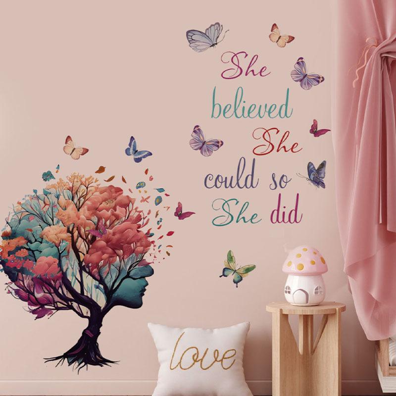 She Believe Tree Wall Sticker Girl Room Butterfly Inspirational Quote Decal Bedroom Home Decor