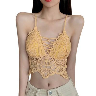 Lace Crochet Camisole With Chest Pad For Women Inner Outer Wearable Deep V Backless Casual Wild Corp Tops