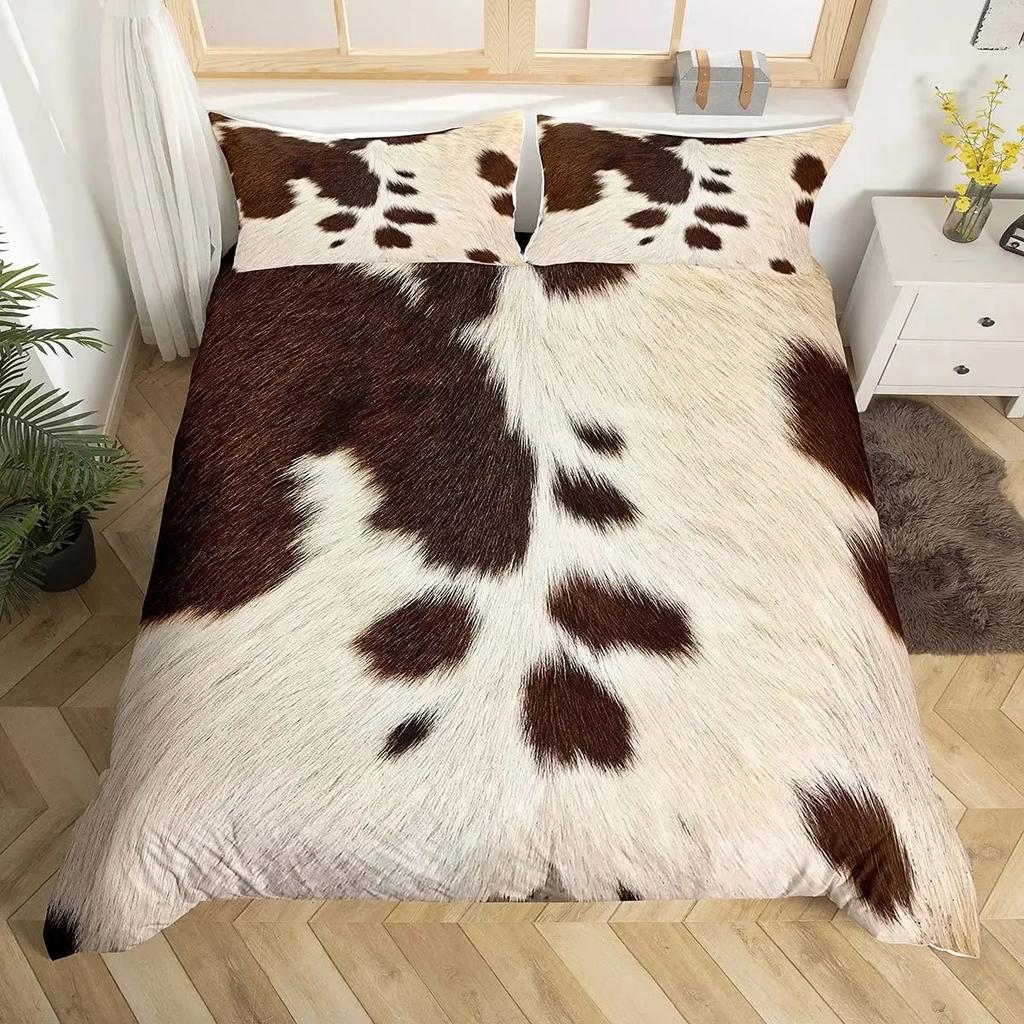 Cowhide Duvet Cover Set,Brown Cow Leopard Print,Western Rustic Farmhouse Farm Animals Bedding Sets Highland Cow Comforter Cover